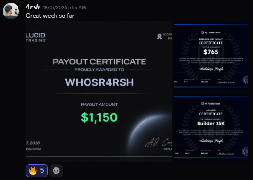 Student certificate and milestone shared in the BonoTrades community, screenshot 7.