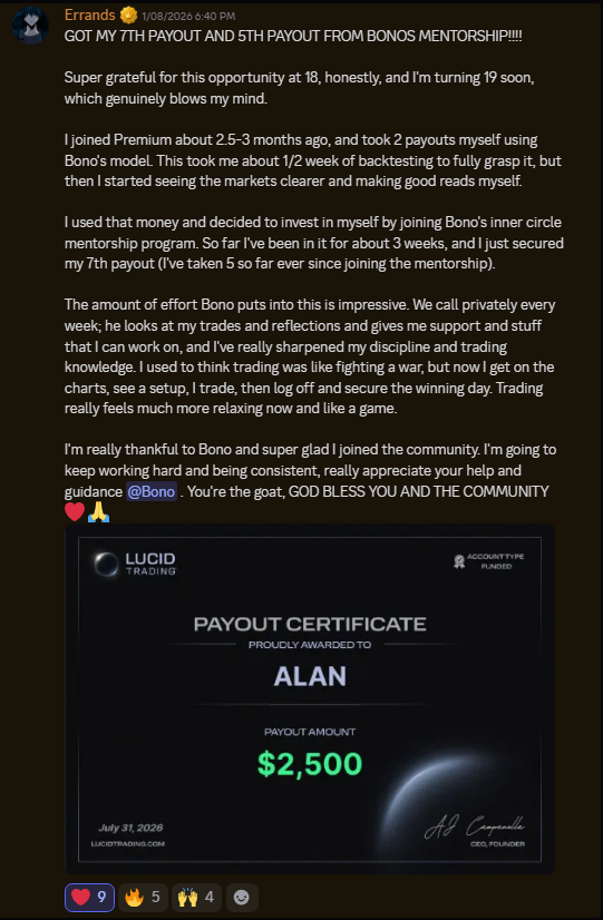 Student certificate and milestone shared in the BonoTrades community, screenshot 16.