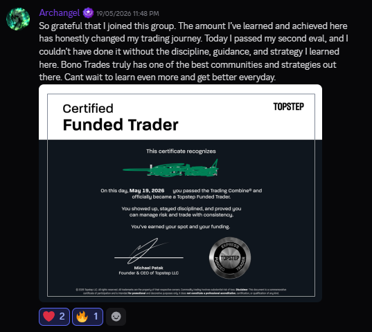 Student certificate and milestone shared in the BonoTrades community, screenshot 20.
